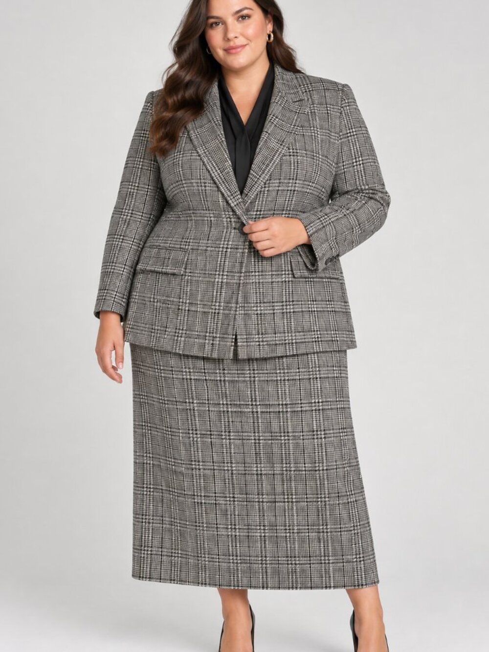 Bretton Place Skirt Suit Womens 16 Grey Plaid Vintage Wool USA Preppy Business